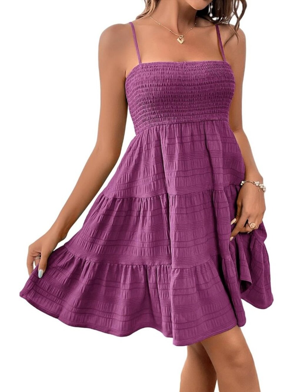 Women's Purple Smocked Cami Mini Dress Sleeveless Sundress Swing A-Line Casual